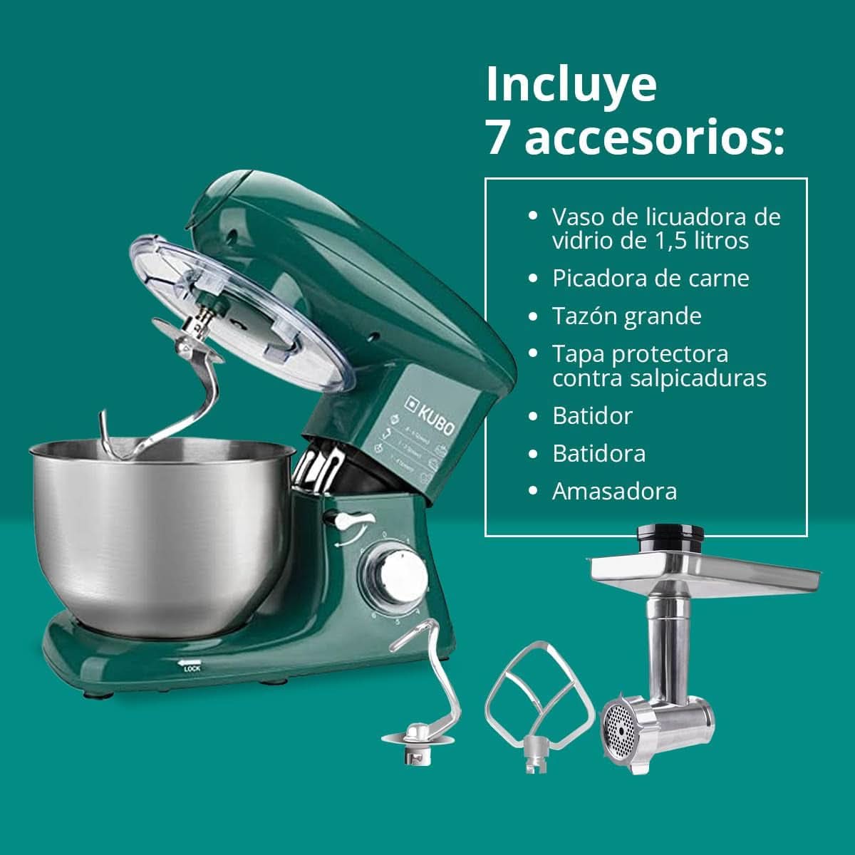 Küchenmaschine - 7 Zubehörteile: Mixbecher, Fleischwolf, Große Schüssel, Schutzdeckel, Schneebesen, Mixer Und Netmaschine - Couleur: Vert - Fassungsvermögen: 6 litres Mère et Enfant Naty Shop