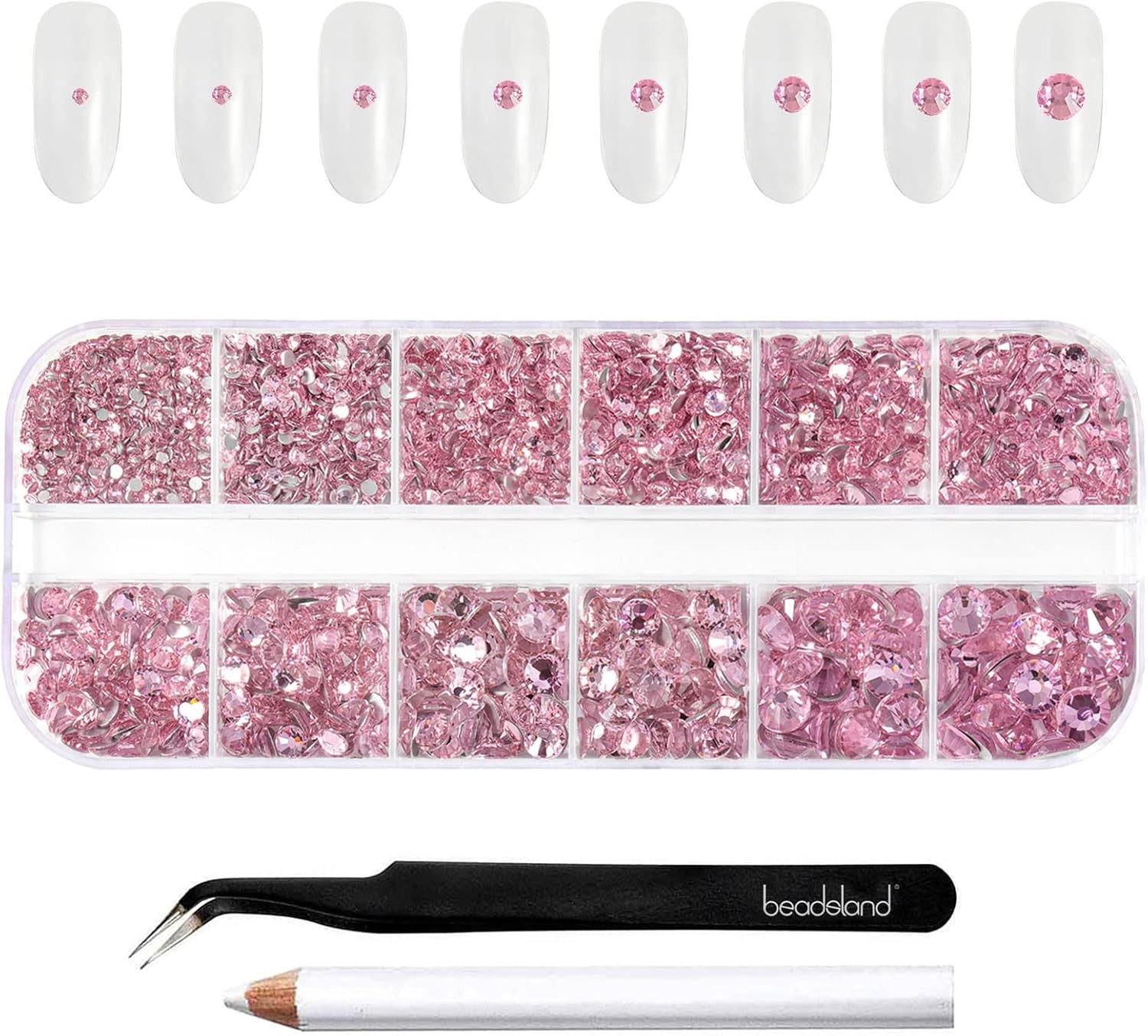 Beadland 2500Pcs Verre Nailart Strasssteine ​​​​Kristall Flatback Edelsteine ​​​​Runde, ​​​​pour Handwerk Gemischt 8 Größen SS4 ~ SS30 Mit Picking Pinzette Und Stift (Kristall Weiss)