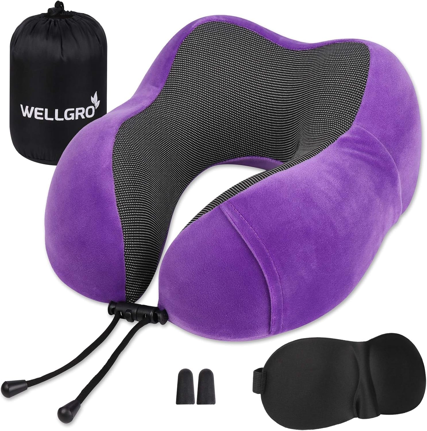 WELLGRO Ensemble d'oreillers cervicaux avec masque de sommeil 3D et bouchons d'oreilles - Housse amovible - Mousse à mémoire de forme - Fermeture à glissière - Sac de rangement inclus - Oreiller de voyage - Couleur au choix, Couleur: Gris Naty Shop Violet Oreillers cervicaux orthopédiques