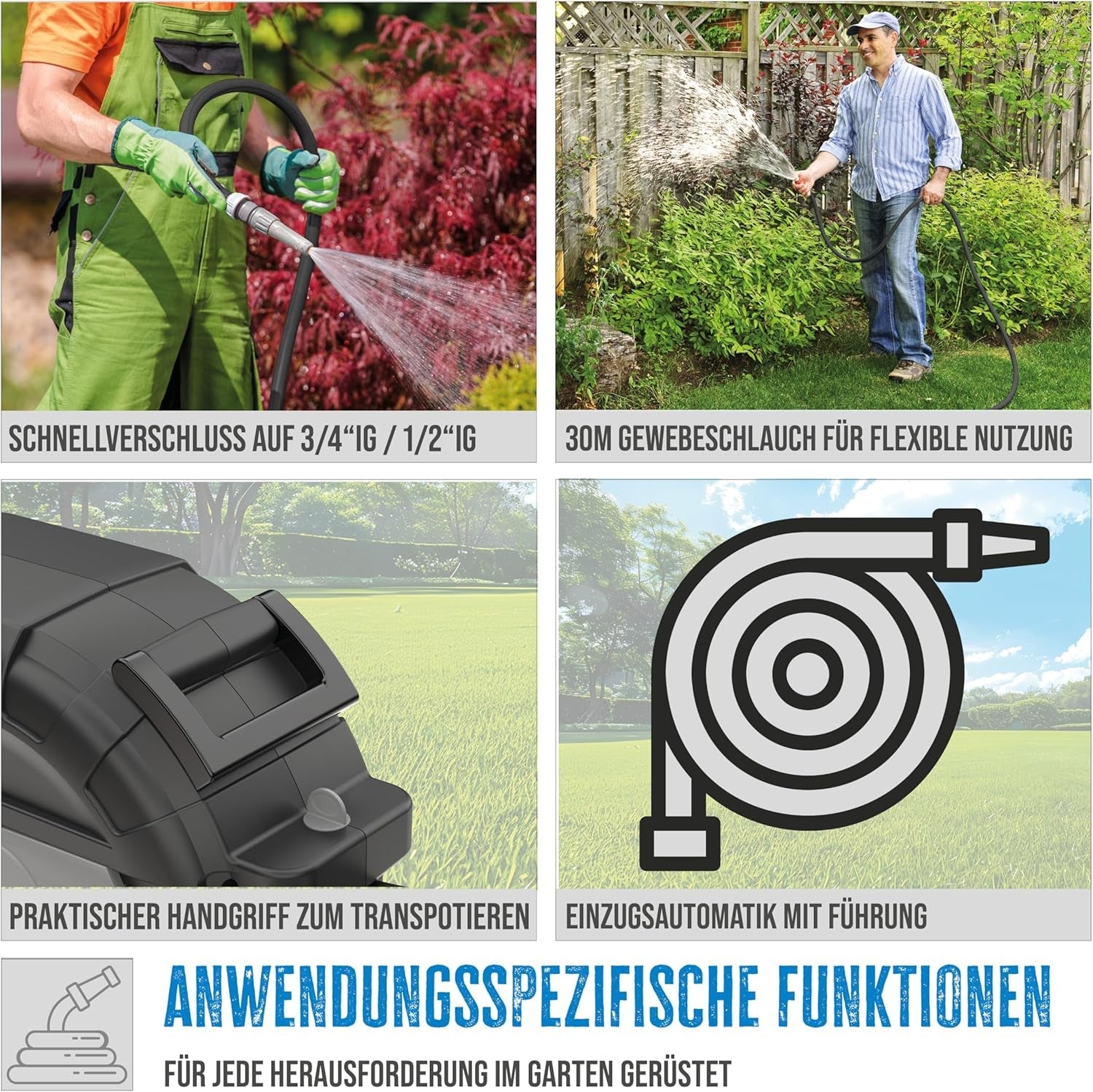 Enrouleur de tuyau automatique Güde 30-2-2 1/2 (rotation à 180°, pour montage mural, tuyau de 30 m, jet d'eau, support mural, retrait automatique, butée de retrait, poignée de transport, 2 raccords rapides)