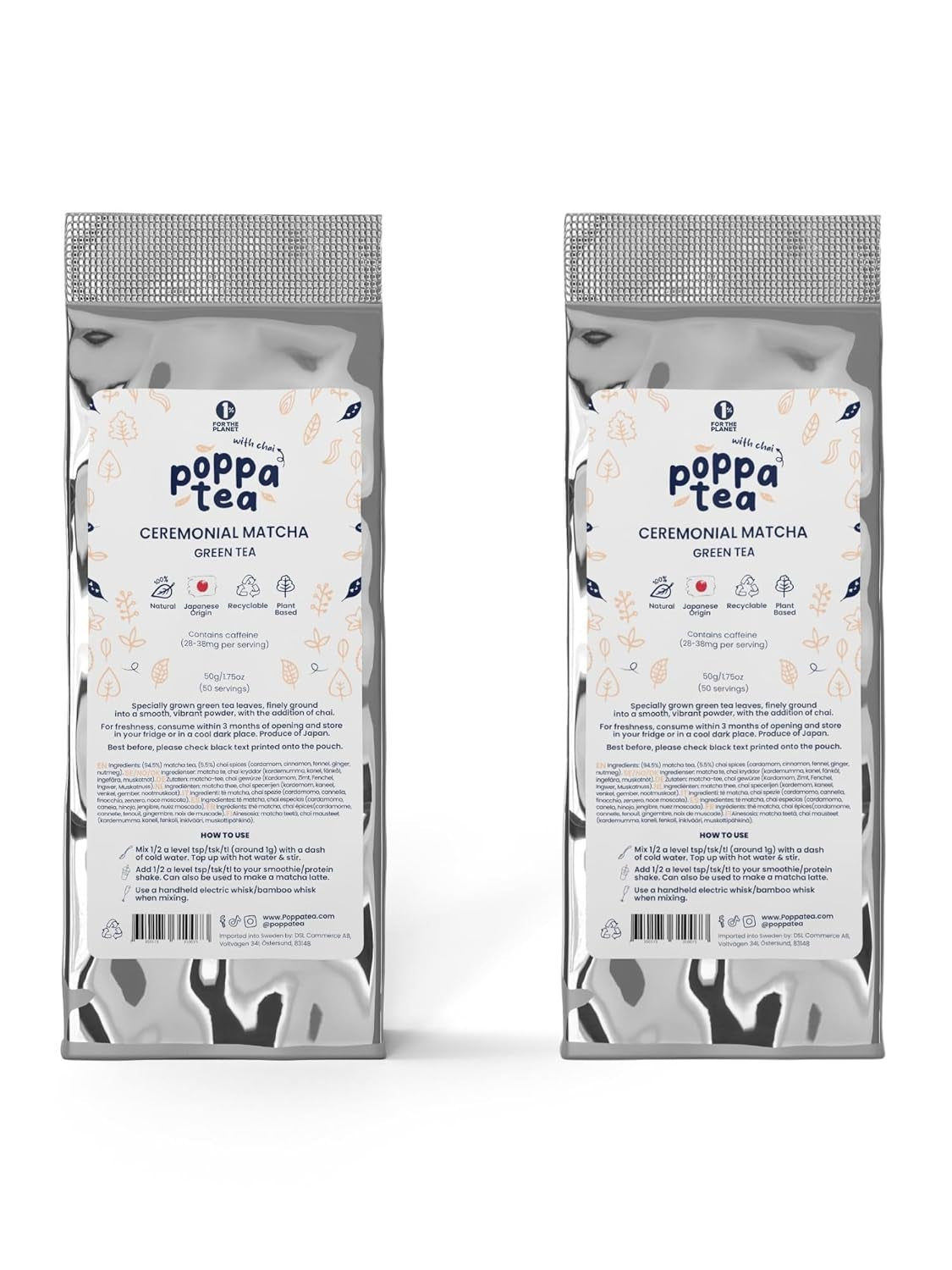 Thé Matcha Poppatea - Cérémonial - Feuilles de thé vert japonais (sac de recharge de 50 g, Matcha avec Chai)