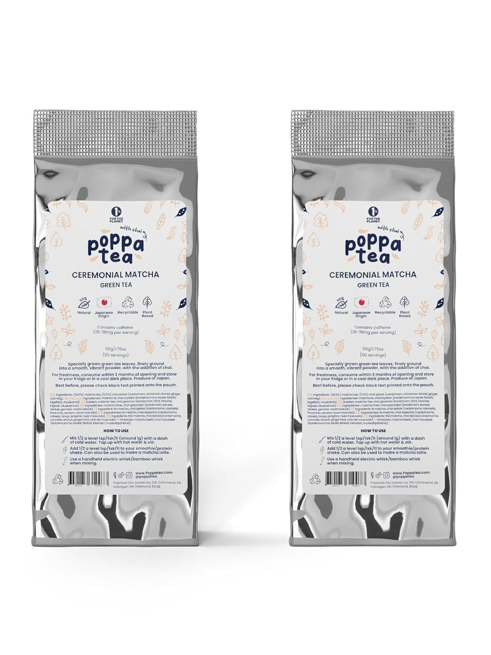 Thé Matcha Poppatea - Cérémonial - Feuilles de thé vert japonais (sac de recharge de 50 g, Matcha avec Chai)