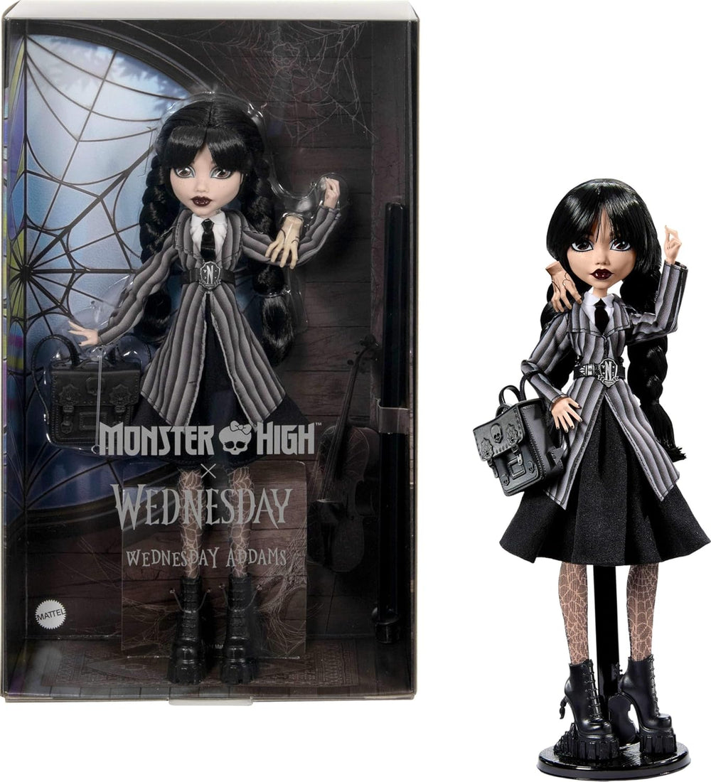 Monster High Wednesday Puppe et Accessoires, Wednesday Addams Sammelfigur in Nevermore Academy Uniform mit Eiskaltem Händchen und Rucksack, Puppenständer, HXJ04