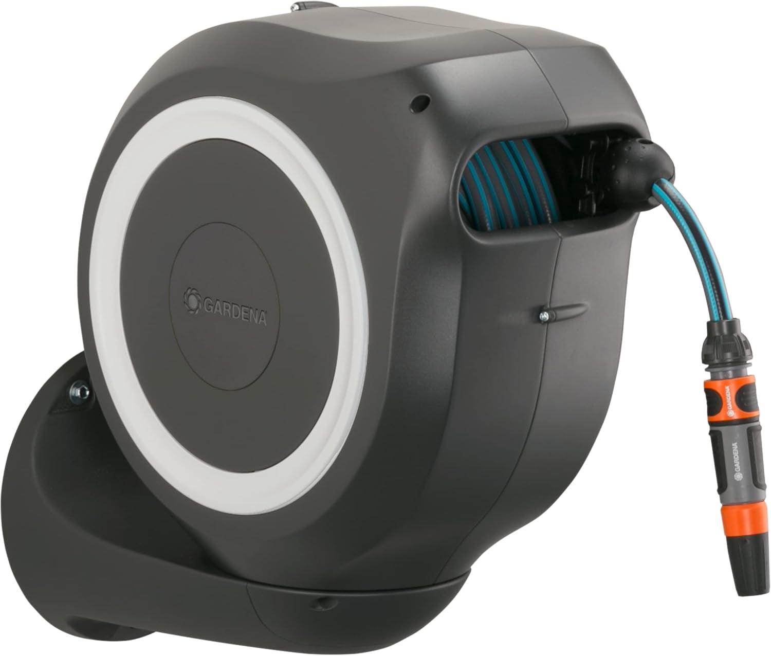 Boîte de tuyau murale Gardena RollUp M (Turquoise) 20 m : arrosage flexible pour jardins de taille moyenne, enrouleur de tuyau rotatif, avec support mural, composants du système et buse de pulvérisation, avec tuyau de 20 m (18610-20)