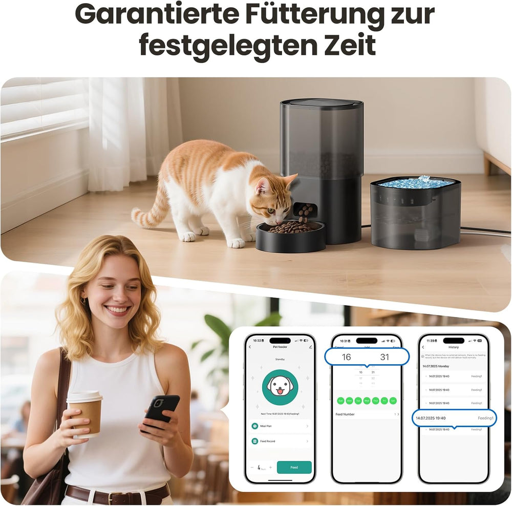 3L Automatischer Katzenfutterspender 2.5L Katzenbrunnen-Set, geräuscharmes App-steuertees Fernfütterungsgerät mit 10 Mahlzeiten per Tag, Anti-Verstopfungs-Design, idéal pour Katzen & Welpen