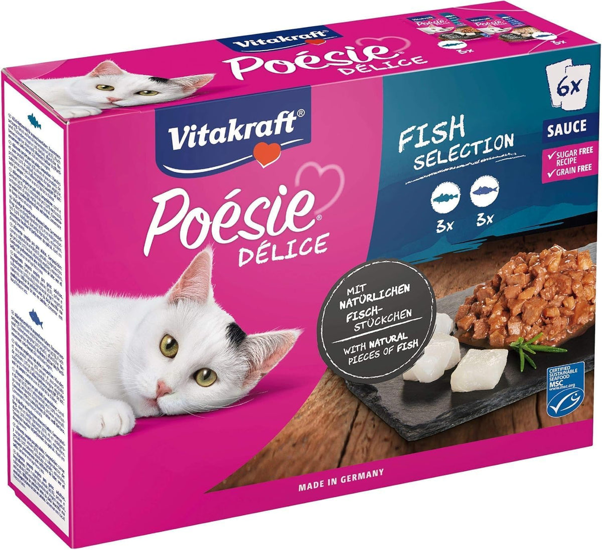 Vitakraft Poésie Délice, Fish Selection, Nassfutter Katze, Katzennassfutter in Sauce, mit Seelachs, mit Kabeljau, ohne Zusatz von Zucker und Getreide (1 Paket mit 6x 85g)