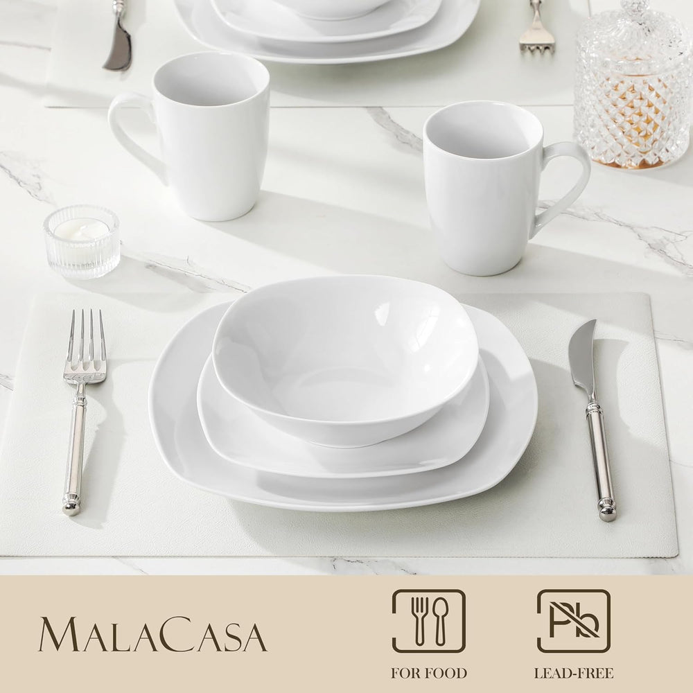 MALACASA Service de table pour 4 personnes, 16 pièces en porcelaine blanche, service de table moderne avec 4 assiettes plates, assiettes à dessert, assiettes et tasses Suma, série ELISA