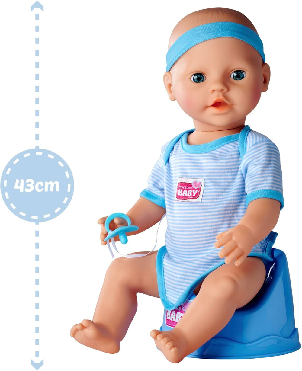 Simba 105030044 - New Born Baby Puppen-Junge, Vollvinylpuppe mit Schlafaugen, Trink- und Nässfunktion und Zubehör, 8 Teile, 43cm, Babypuppe, ab 3 Jahre