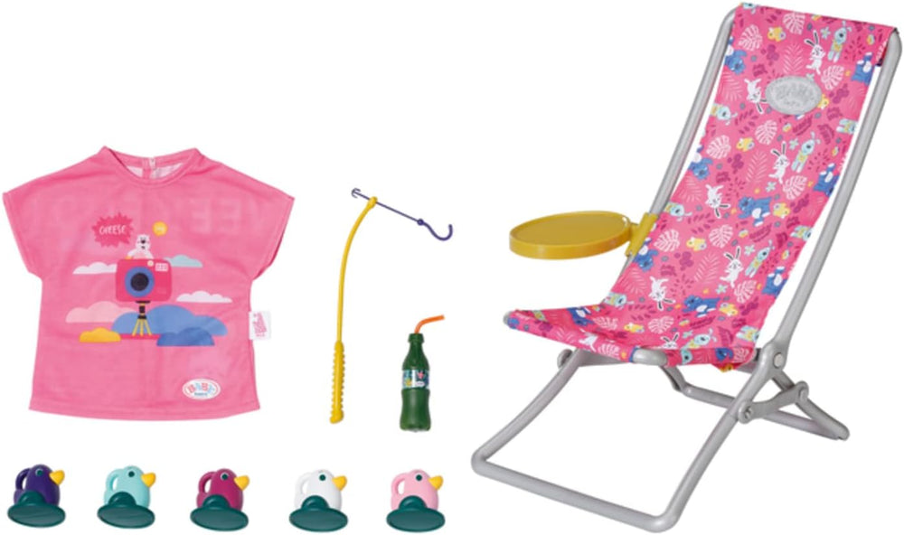 BABY born 832790 Weekend Fishing - Ensemble d'accessoires pour poupée de pêche avec chaise longue aux imprimés vifs, table d'appoint, verre, panier, canetons et canne à pêche et chemise longue rose, Rose