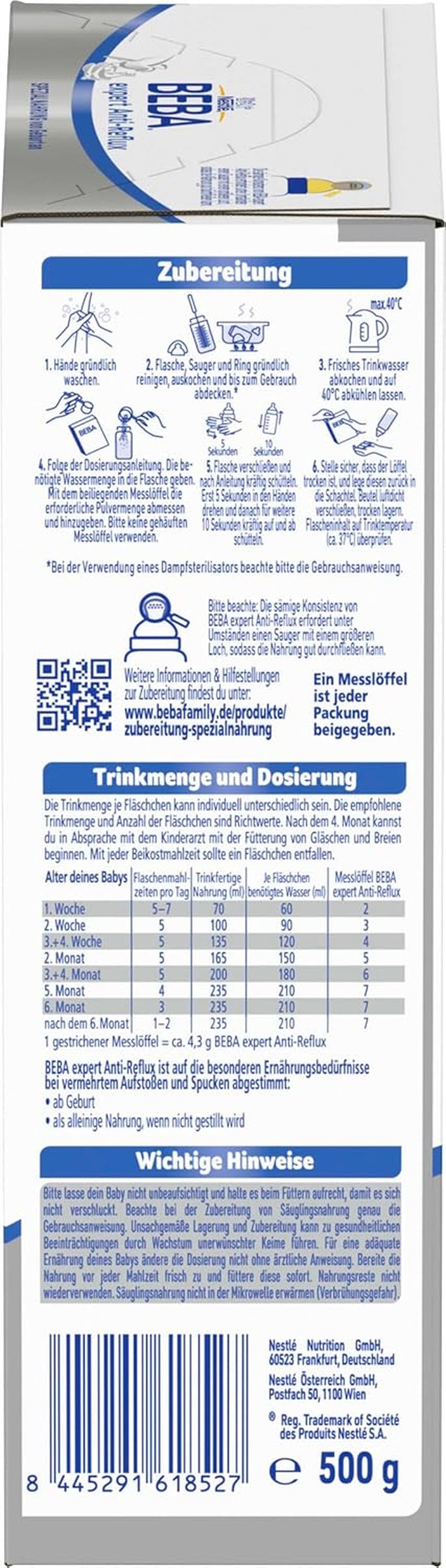 BEBA expert Anti-Reflux - AR Formule spéciale dès la naissance, pour augmenter les éructations et les vomissements, nourriture pour bébé, lait en poudre pour bébé, 1 paquet (1 x 500 g)