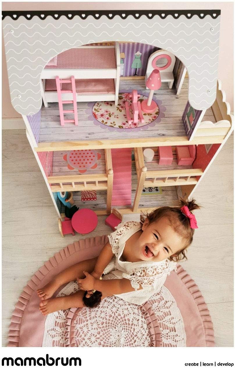A405 Maison de poupée éclairée par LED - 3 étages et ensemble de meubles - Maison de jeu en bois comprenant des accessoires : cuisine, salle de bain, chambre à coucher - Cadeau pour les filles de 3 ans et plus Maisons de poupées Naty Shop