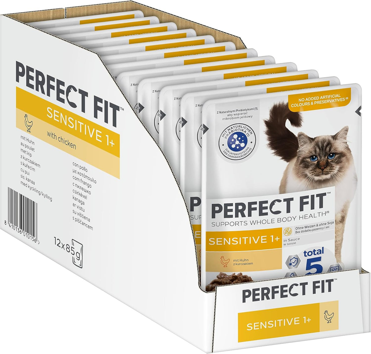 Nourriture humide pour chats Perfect Fit Sensitive 1+ au poulet en sauce, 12 sachets, 12 x 85g - Nourriture humide premium pour chats sensibles à partir de 1 an, sans blé ni soja, pour favoriser la digestion