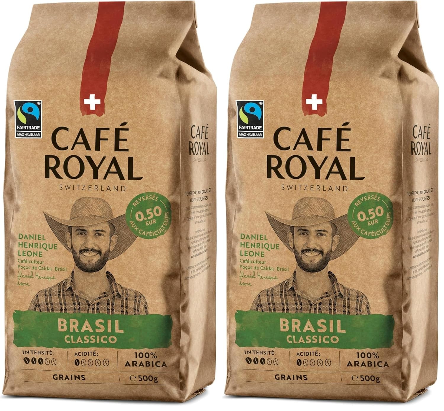 Café Royal Crema Classico Brasil - Café en grains 100% Arabica, équilibré et aromatique, torréfaction moyenne, force 3/5, commerce équitable, 500g de grains entiers (paquet de 2)