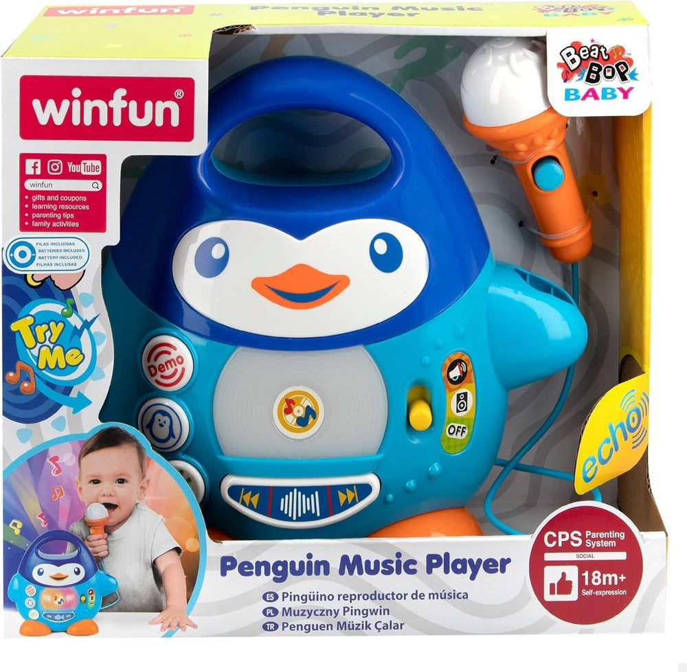 Lecteur de musique karaoké WinFun, design pingouin, avec lumières clignotantes et effets d'écho, en bleu, style ludique, connexion USB Baby Toys Naty Shop