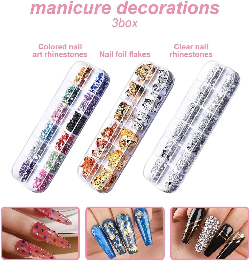 Ensemble d'autocollants et d'accessoires pour ongles - 5 autocollants pour ongles, pinceau, pierres, ruban décoratif, feuille d'or - Parfait pour la manucure et les ongles en gel - Ensemble de 50 pièces