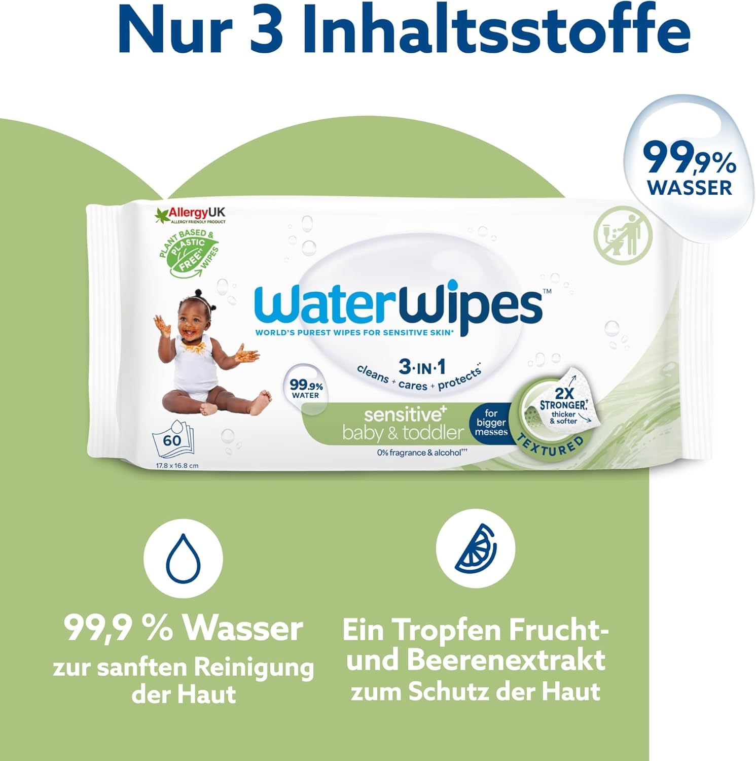 WaterWipes Sensitive+ Lingettes humides pour bébés et tout-petits, 720 unités (paquet de 12), nettoyage 3 en 1, entretien, protection, 99,9 % d'eau, nettoyage texturé, sans parfum