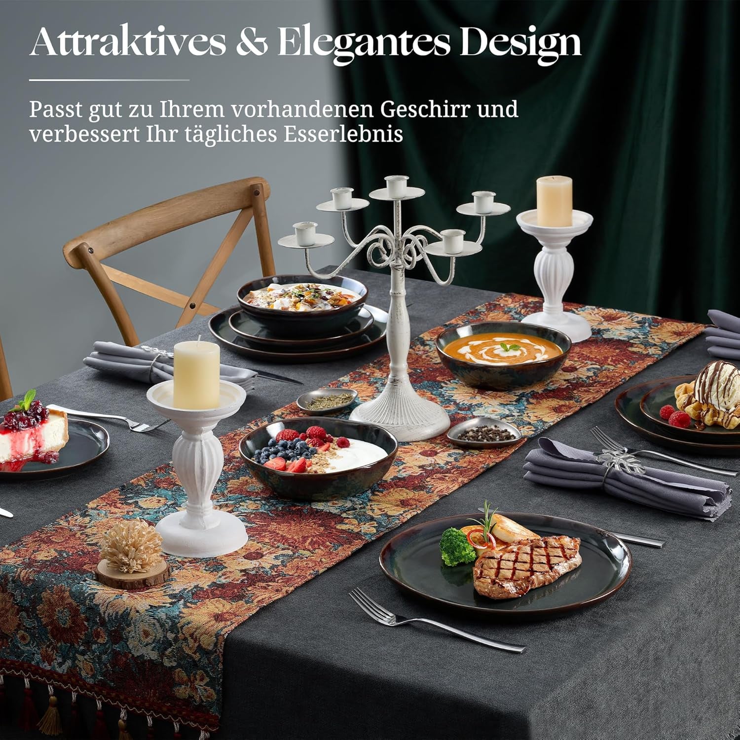 Service de table pour 6 personnes, 18 pièces, bols à céréales ronds irréguliers, assiettes à dessert, assiettes plates, résistant aux rayures, passe au micro-ondes, vert mousse réactif