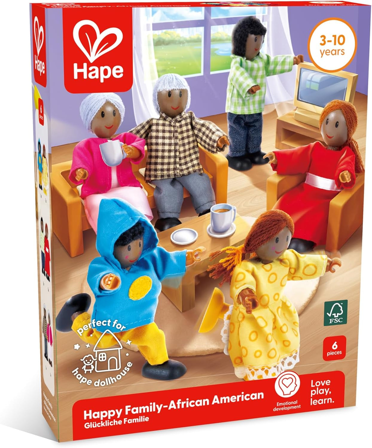 Hape Doll Family - Ensemble d'accessoires de maison de poupée en cuir foncé 6 pièces avec figurines en bois et en tissu, jeu de simulation, jouet éducatif, jouet d'apprentissage interactif pour enfants à partir de 3 ans