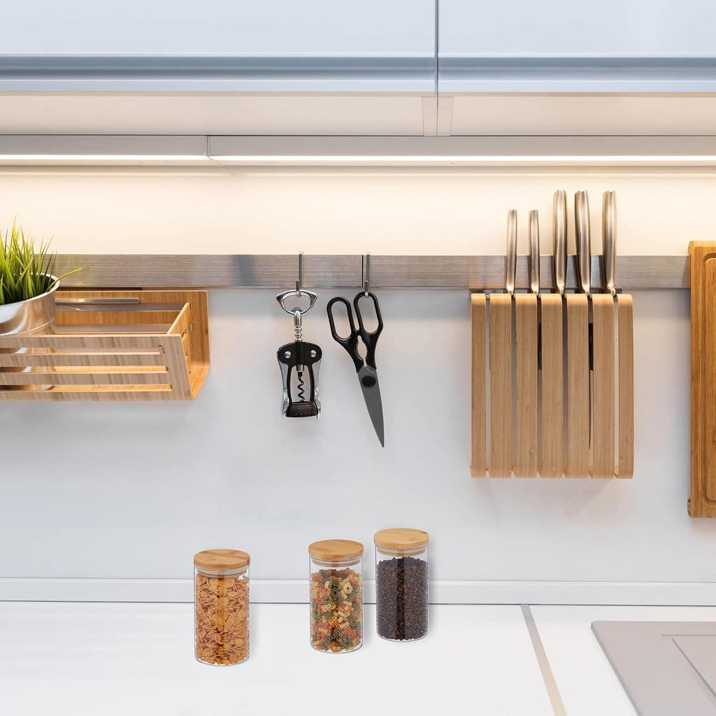 Borcane de depozitare Relaxdays cu capace din bambus, set de 3, borcane rotunde din sticlă, 1000 ml, etanșe, transparente/naturale, 18 x 10 cm Cutii depozitare alimente Naty Shop