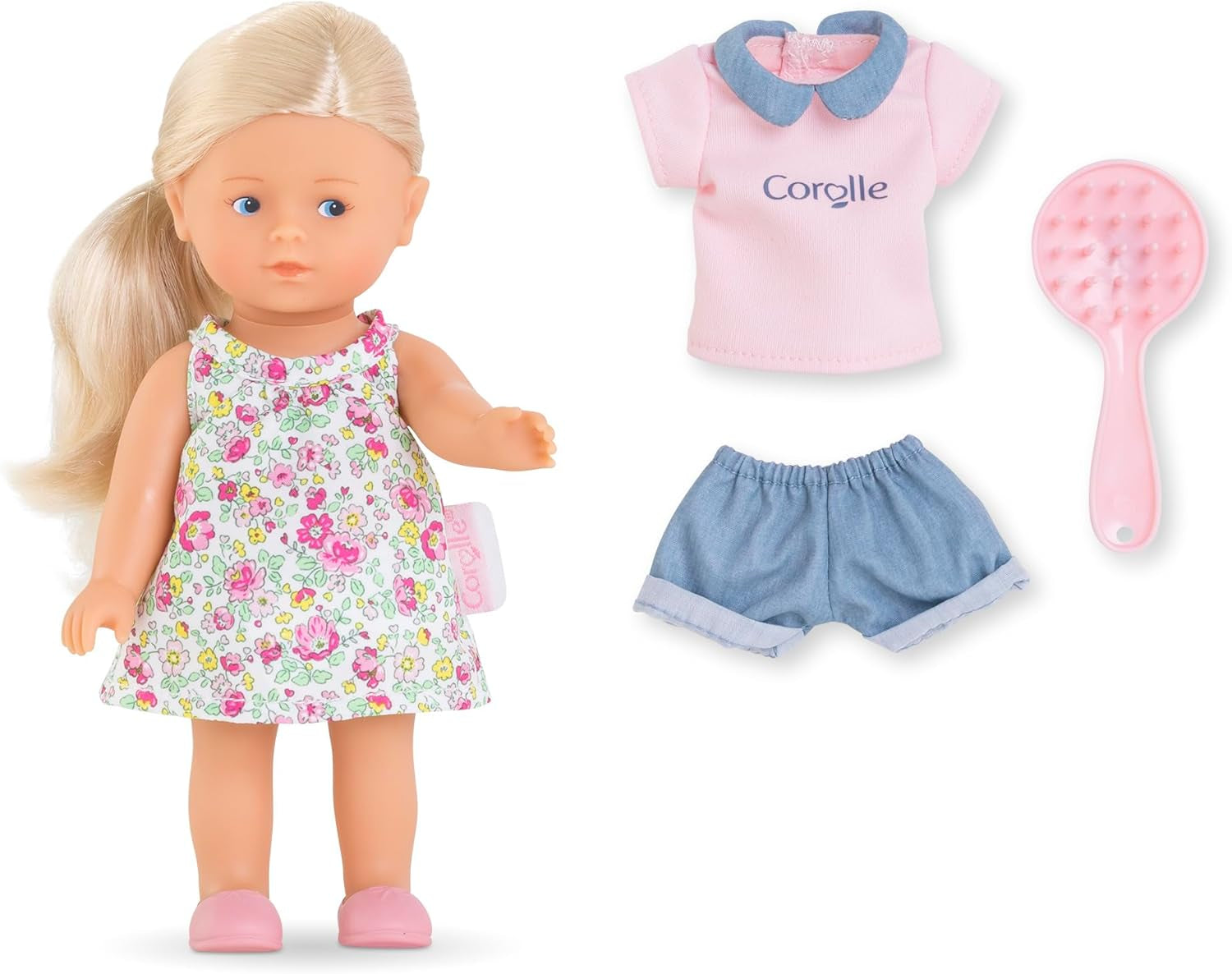 Les Trendies Corolline Rosy Miniwelt Set, Vollvinylpuppe mit langem Haar, Bürste, extra Outfit in Geschenkbox, 4 Teile, Vanilleduft, 20cm, ab 3 Jahren