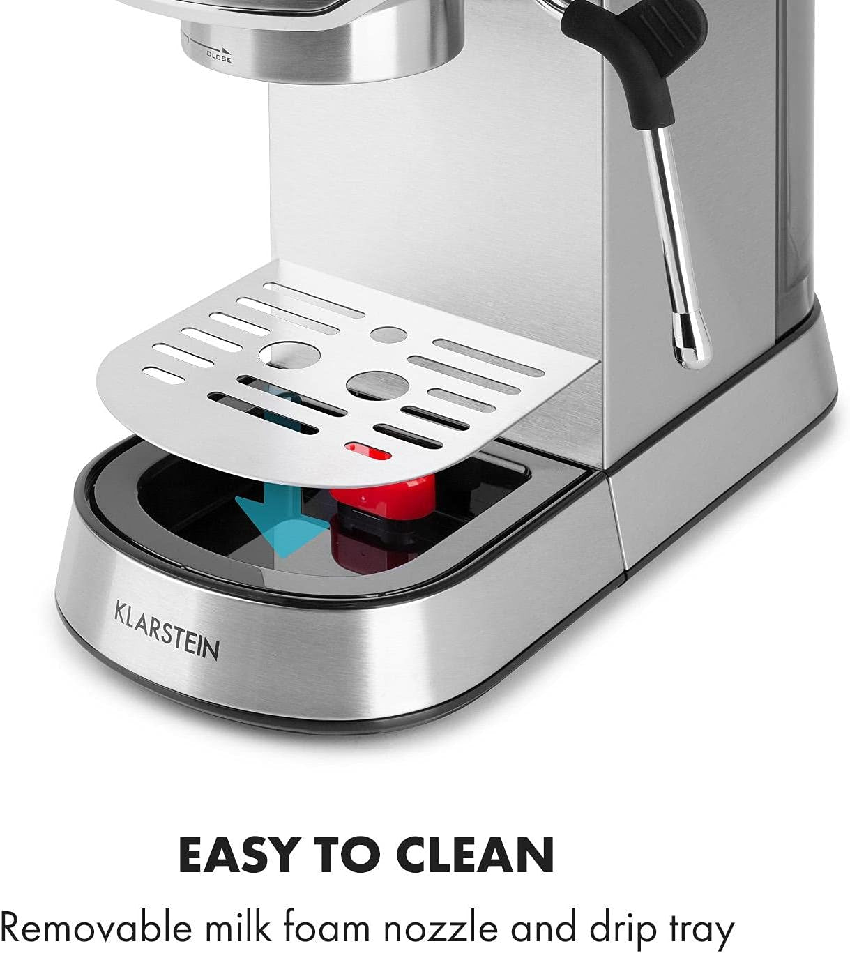 Klarstein Futura Machine à expresso, machine à expresso à filtre portable, 1450 W, 20 bars, qualité Barista, double buse, arrêt de débit, machine à expresso à filtre portable, fonction mousseur à lait, argent