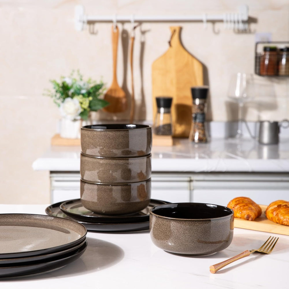 LeRatio Service de table pour 6 personnes, service de table 18 pièces en porcelaine, vernis réactif, ensemble de bols et d'assiettes résistants aux rayures, passe au lave-vaisselle et au micro-ondes, vaisselle