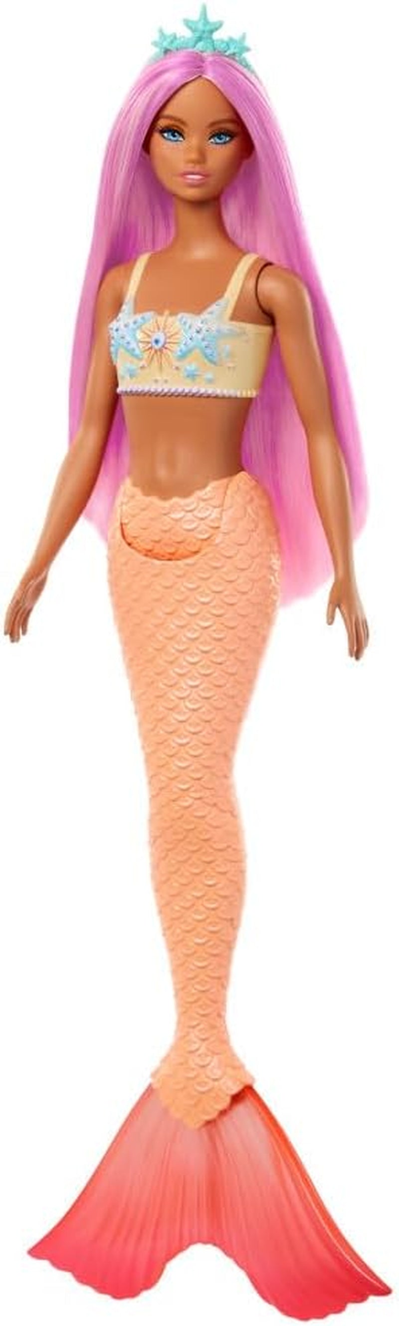 Poupée Barbie Sirène avec cheveux et bandeau fantaisie roses et lilas, haut en coquillage et nageoire caudale bleu lavande, HRR06 Naty Shop Dolls Sirène avec nageoire orange