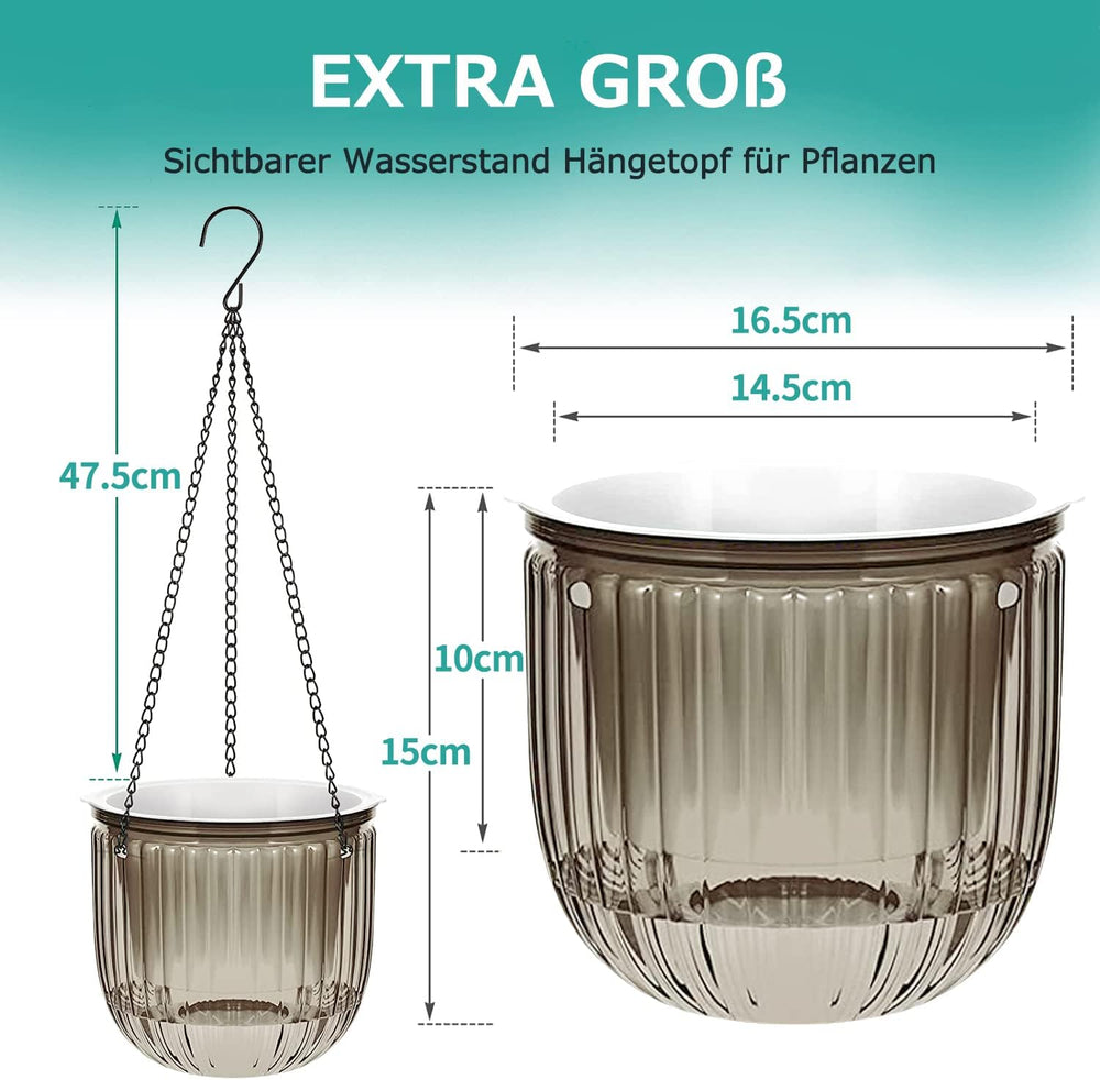 Lot de 2 jardinières suspendues à arrosage automatique, pot de fleur suspendu d'intérieur de 16,5 cm avec 3 crochets et trous de drainage pour une utilisation intérieure et extérieure, plafond, balcon et décoration murale (gris)
