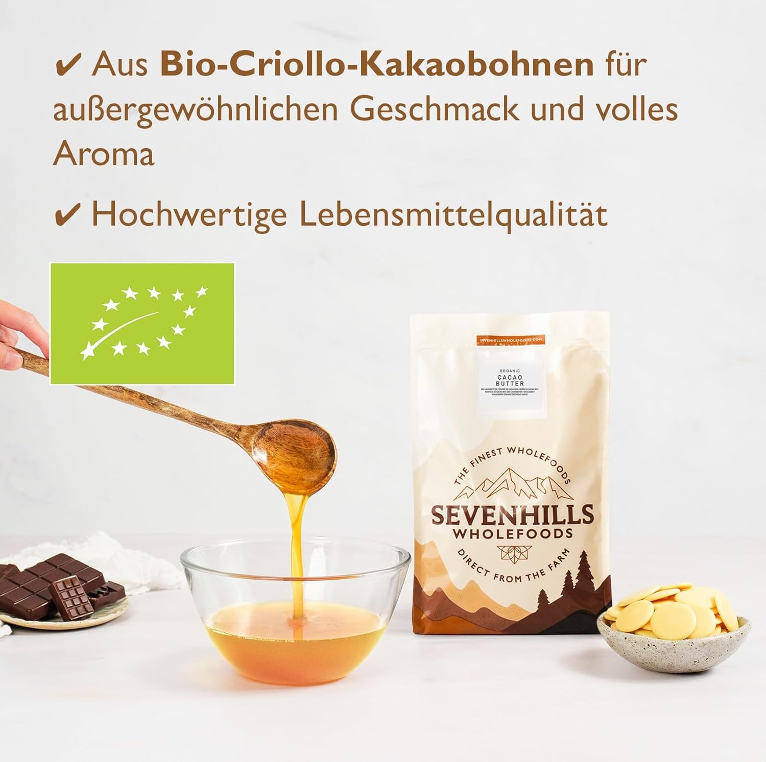 Sevenhills Wholefoods Kakaobutter Bio 200g, Rein et Naturel, Qualité Premium