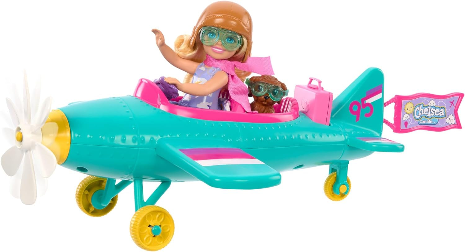 Barbie Chelsea Flugzeug Puppe und Spielset - Pilotenpuppe, Flugzeug, Hündchen und Zubehör für Geschichtenerzählen, rollende Räder und blumenförmiger Propeller, ab 3 Jahren, HTK38