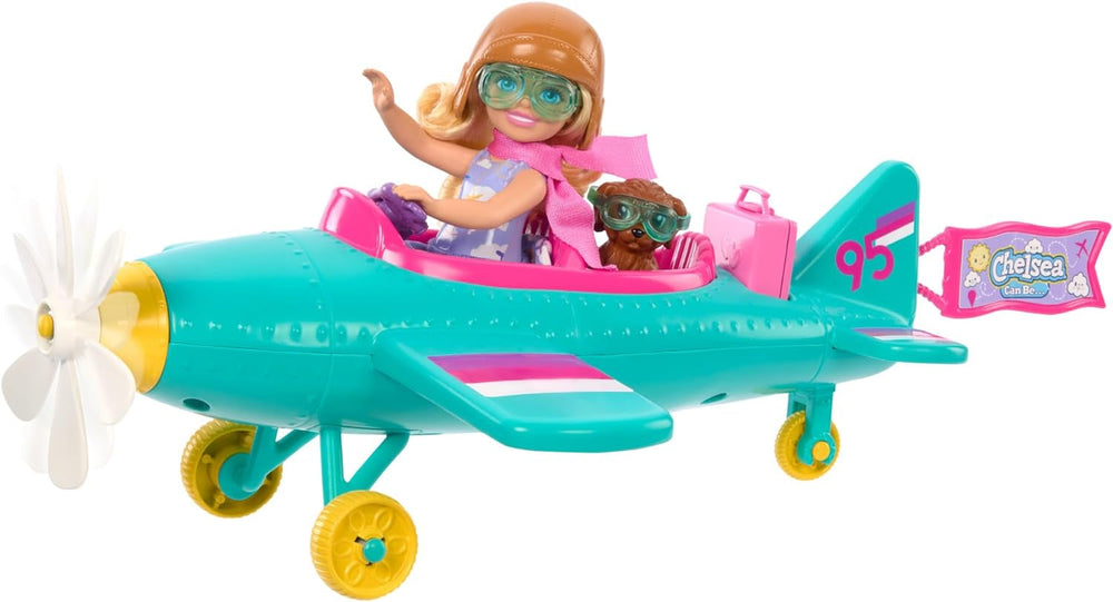 Barbie Chelsea Flugzeug Puppe und Spielset - Pilotenpuppe, Flugzeug, Hündchen und Zubehör für Geschichtenerzählen, rollende Räder und blumenförmiger Propeller, ab 3 Jahren, HTK38