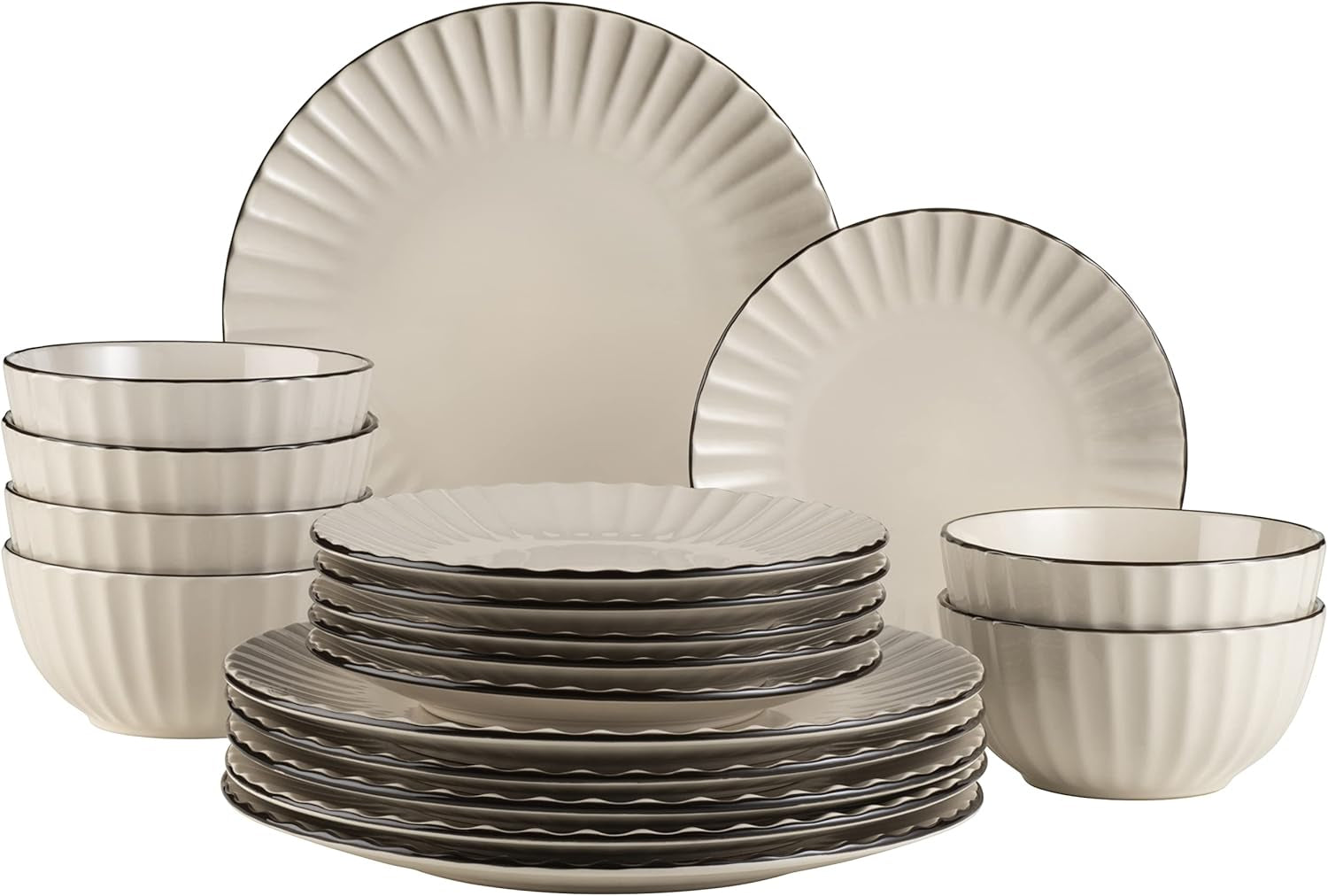 MÄSER 931967 Osita Retro Series Service de table Wave pour 6 personnes, service de table rond 18 pièces, assiettes plates, assiettes à dessert et bols à céréales, céramique, blanc crème