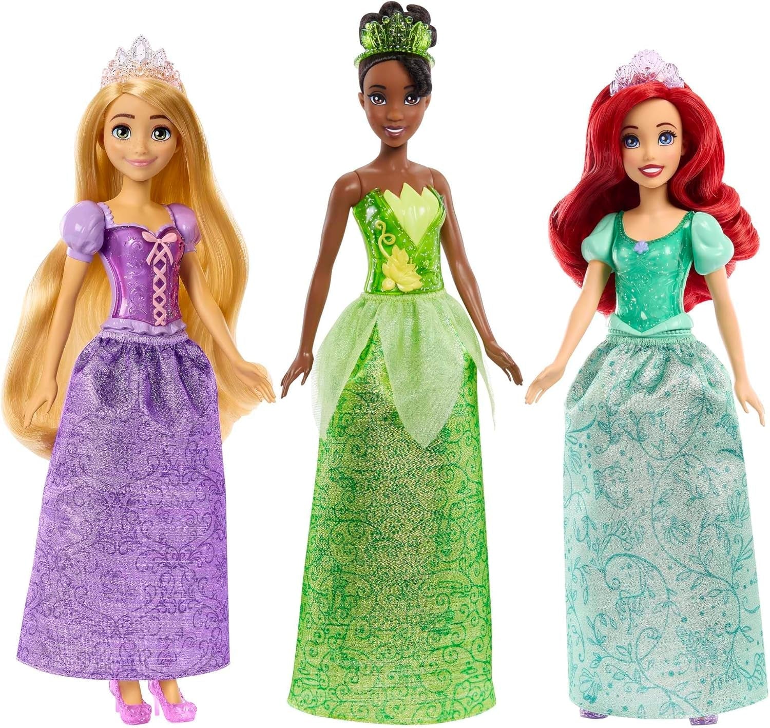 DISNEY Prinzessin 3er-Pack - Tiana, Rapunzel und Arielle mit Accessoires, abnehmbarem Diadem und Schuhe, lange Haare zum Kämmen und Stylen, für Kinder ab 3 Jahren, HLW45