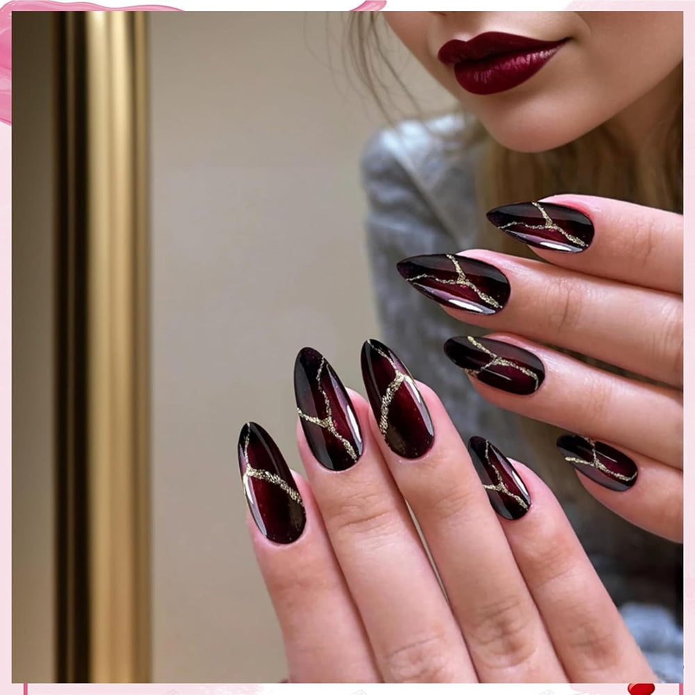 24 pièces faux ongles rouges et noirs colle sur faux ongles colle sur ongles pointes d'ongles en forme d'amande couverture complète faux ongles ensemble d'ongles à pression faux ongles rouges et noirs