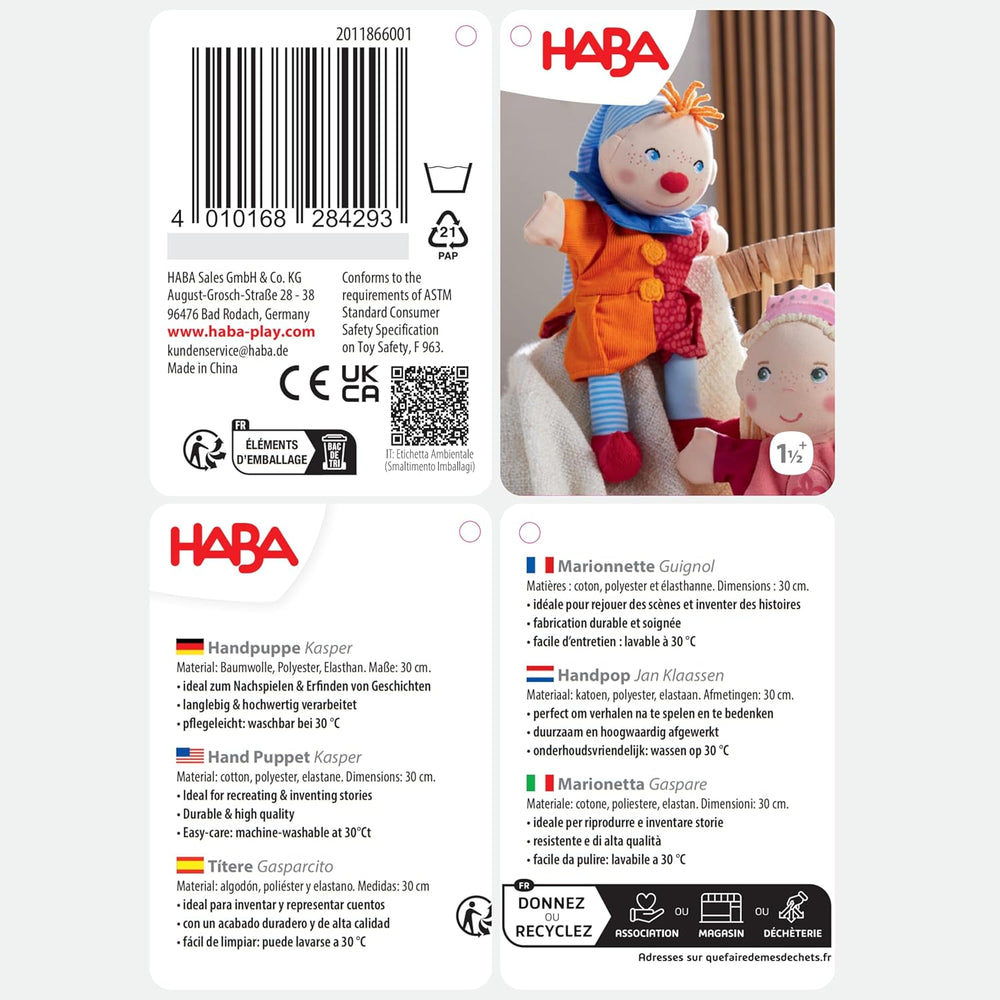 HABA Marionnette Kasper – A partir de 18 mois, Lavable à 30°C, Idéale pour marionnettes et jeux de rôle, théâtre de marionnettes – 2011866001