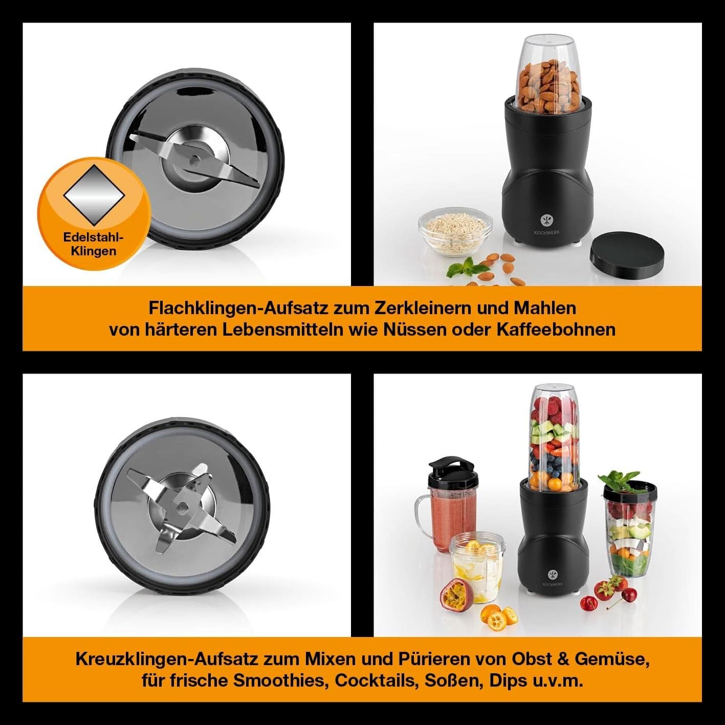 Machine à smoothie 12 pièces | Boîtes à emporter et 4 mélangeurs | Pour Obst, Gemüse & Nüsse | Fonction Mythe Ice-Crush | Mini-batteur sur socle Zum Mixen, Rühren, Zerkleinern, Mahlen, Hacken & Pürieren | Cuisine sans BPA Naty Shop