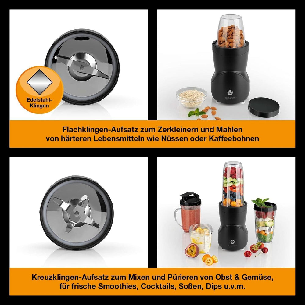 Machine à smoothie 12 pièces | Boîtes à emporter et 4 mélangeurs | Pour Obst, Gemüse & Nüsse | Fonction Mythe Ice-Crush | Mini-batteur sur socle Zum Mixen, Rühren, Zerkleinern, Mahlen, Hacken & Pürieren | Cuisine sans BPA Naty Shop