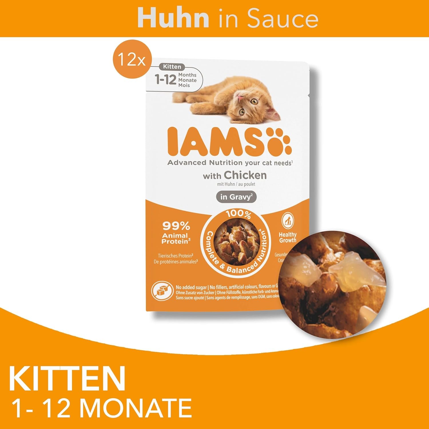 IAMS Delights Kitten Nassfutter - Multipack Katzenfutter mit Hunn in Sauce, Futter de haute qualité pour les enfants de 1 à 12 mois, 12 x 85 g