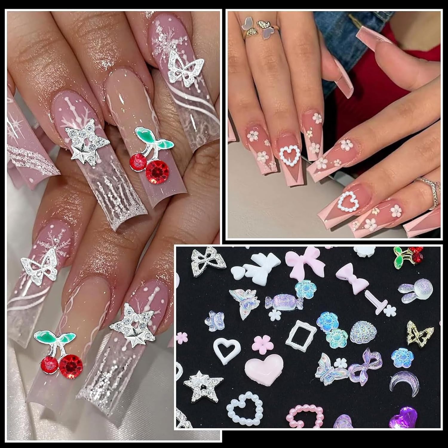 3D Anhänger Mit Schmetterlings Kirschstern Nagel Edelsteinen Mit Pinzette, Schleifen, Herz, Blume, Nagel Strassanhänger Für Maniküre, DIY-Bastelzubehör