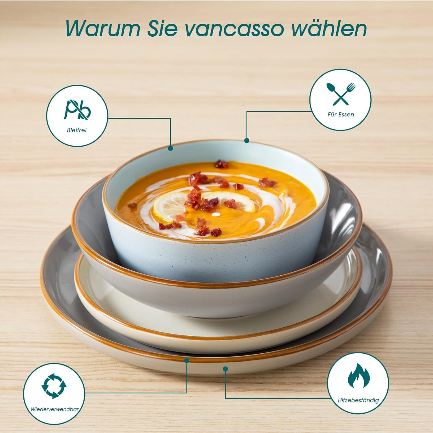 Ensemble de cuisine pour 6 personnes, vancasso RENO 24-tlg Steingut Teller Set Mix, Tafelservice mit je 6 Speiseteller, Dessertteller, Suppenteller, Müslischalen, Spülmaschinenfest & Mikrowellengeeignet, Mehrfarbig