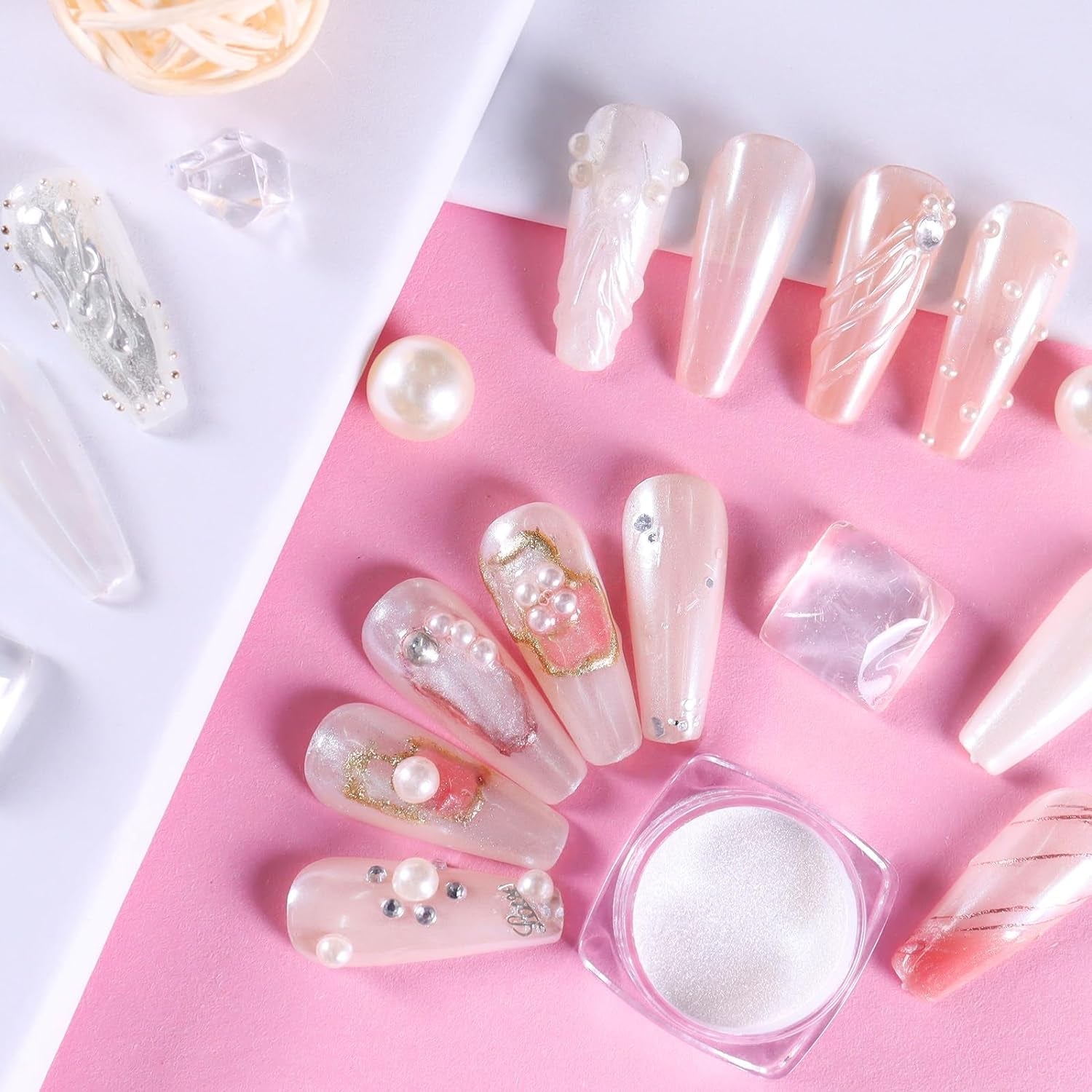 White Pearl Chrome Nagel Pulver, Irisierendes Aurora Pulver Metallic Spiegel Effect Glitter Pulver Pearlescent Eis Transparent Meerjungfrau Pigment Perle Glitter Staub pour Nail Art Décoration