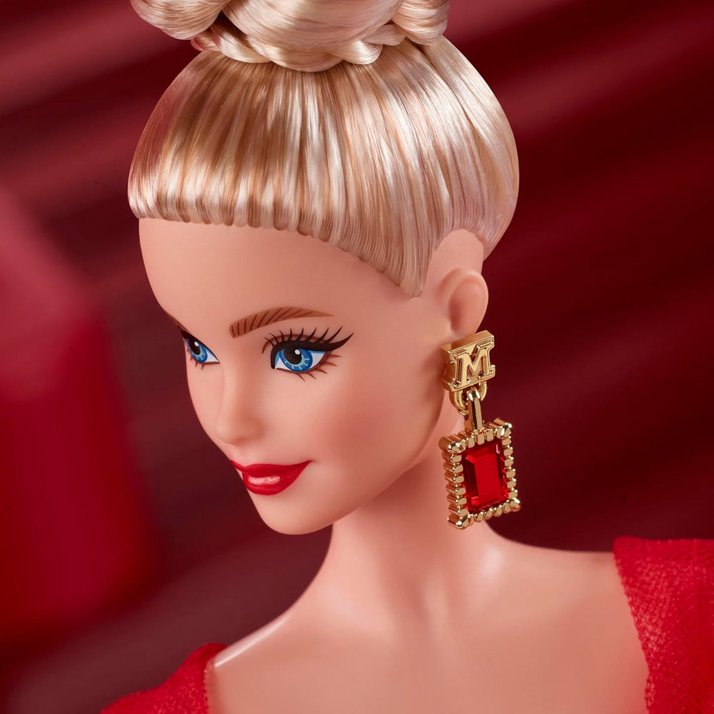 Barbie Signature Doll 80e anniversaire Mattel Figurine de collection en robe de tulle rouge scintillant avec boucles d'oreilles en forme de larme et gants délicats cheveux blonds JBJ17