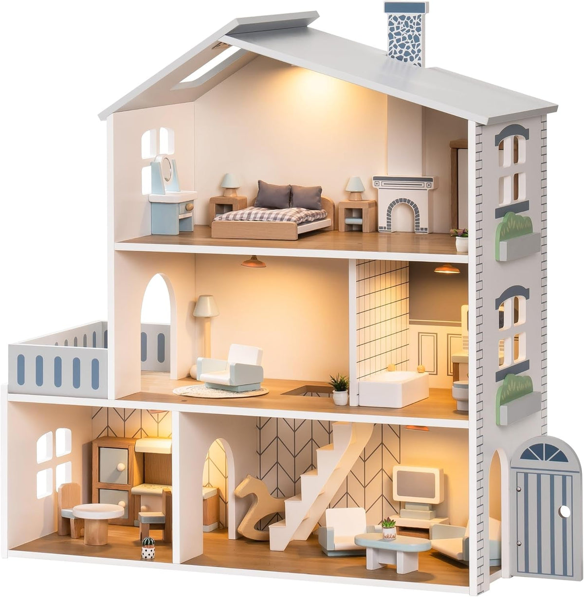 Maison de poupée en bois avec lumières, 3 étages, meubles et escaliers inclus, jouet pour enfants de 3 ans et plus Naty Shop Maisons de poupée modernes