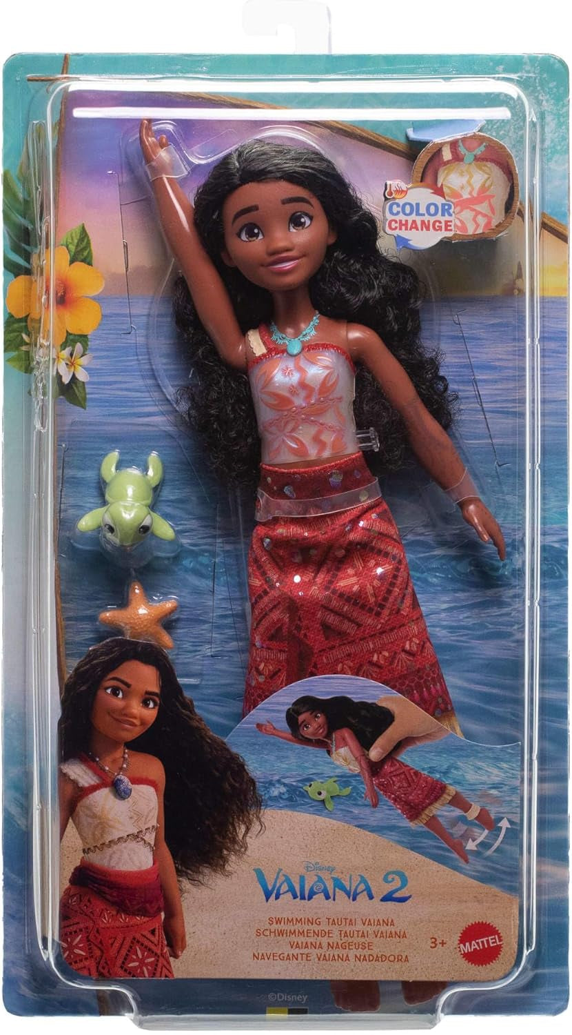 Mattel Toys Disney Moana 2 Tautai Moana Poupée mannequin de natation avec 2 accessoires, haut et jambes changeant de couleur pour les mouvements de natation inspirés du film JFF09