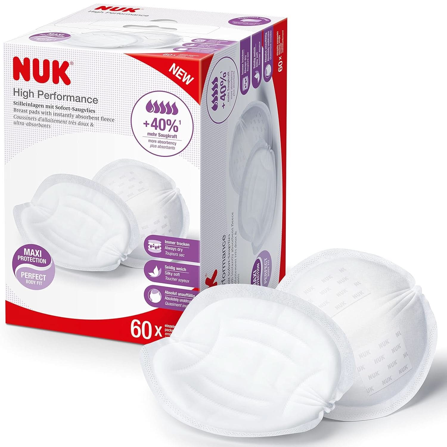 NUK High-Performance Einweg-Stilleinlagen Mit Sofort-Saugvlies | Einlagen Zum Stillen | Emballage individuel | +40 % de puissance d'aspiration en plus | 60 Stück Aliments pour bébés et accessoires d'allaitement Naty Shop 60 Stück High Performance