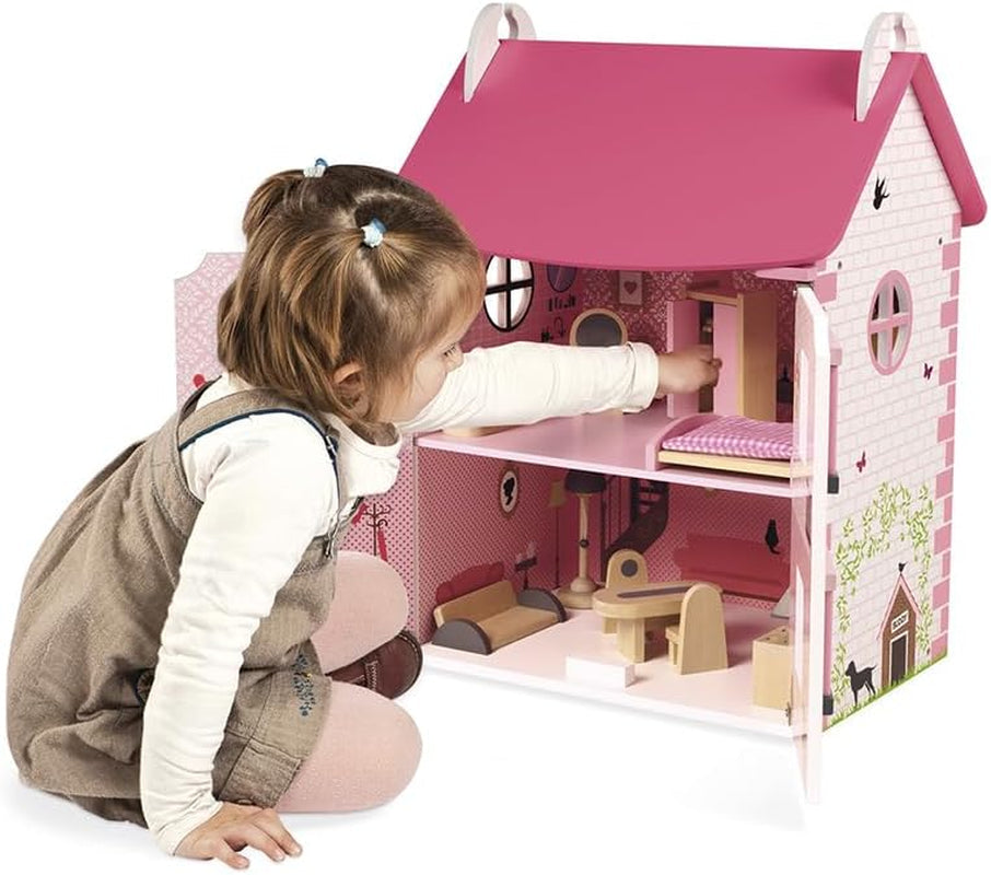 Janod - Maison de poupée en bois Mademoiselle, 3 étages et 11 accessoires, réplique de jouet, développe l'imagination, à partir de 3 ans, J06581, rose Naty Shop Dollhouses