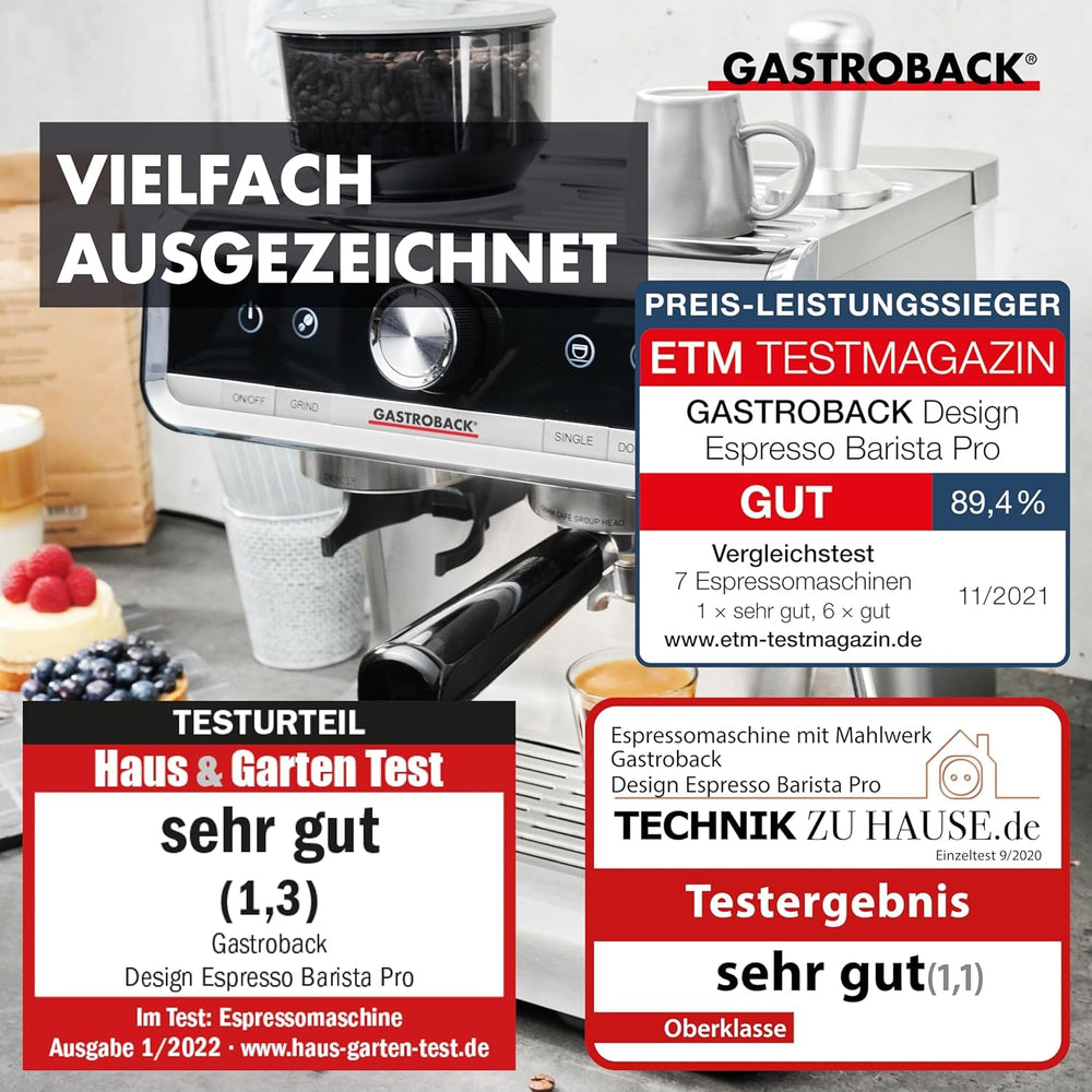 Machine à expresso GASTROBACK avec moulin comprenant pot à lait, presse-agrumes et porte-filtre en acier inoxydable - Machine à expresso Barista avec mousseur à lait - Machine à expresso avec 30 réglages de mouture
