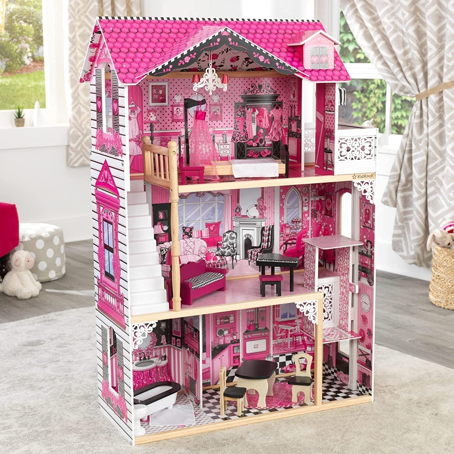 Kidkraft Maison de poupée en bois Amelia avec meubles et accessoires, ensemble de jeu avec balcon et ascenseur pour poupées de 30 cm, jouet pour 3 ans, 65093 Naty Shop Dollhouses