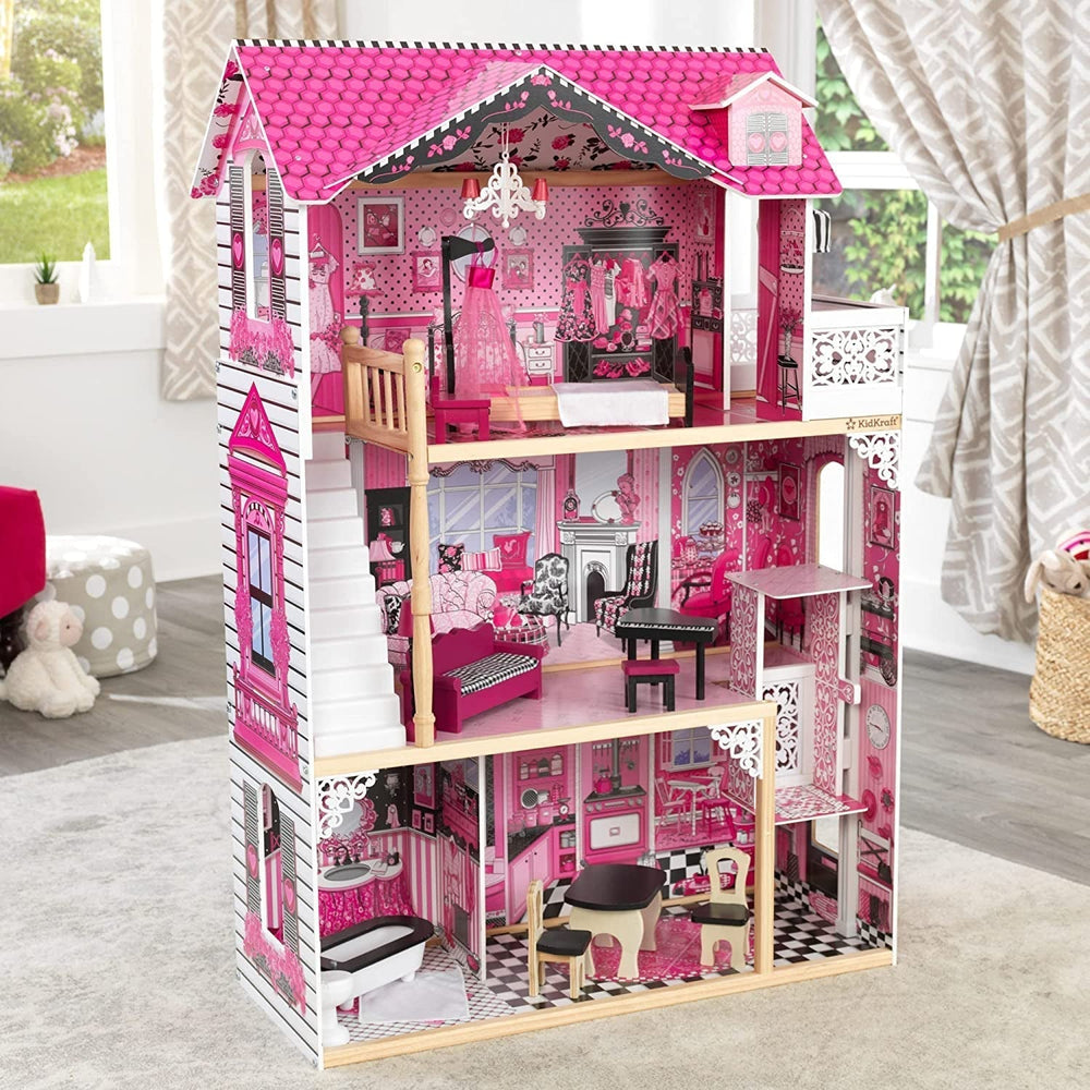 Kidkraft Maison de poupée en bois Amelia avec meubles et accessoires, ensemble de jeu avec balcon et ascenseur pour poupées de 30 cm, jouet pour 3 ans, 65093 Naty Shop Dollhouses