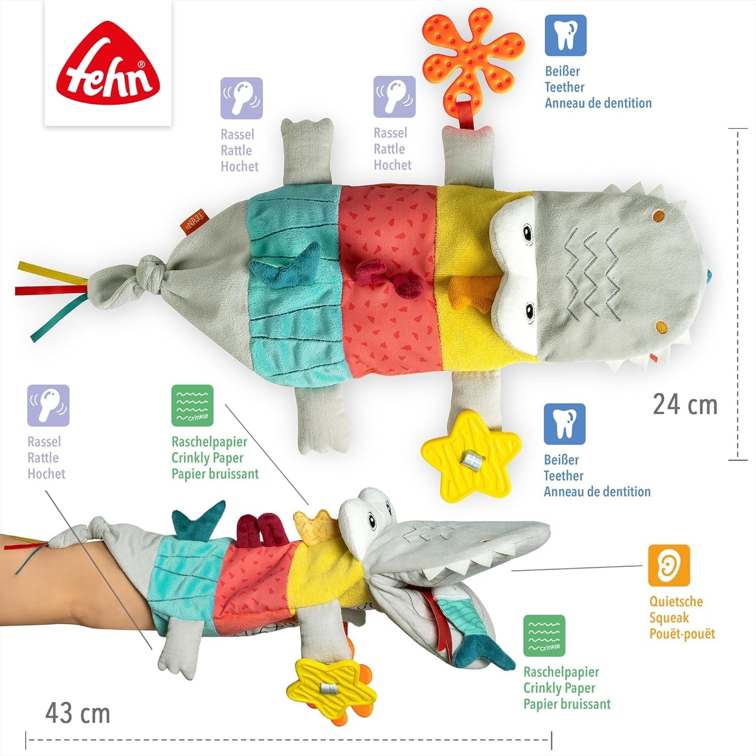 Fehn Marionnette bébé Crocodile - Jouet en peluche avec hochet, papier bruissant, anneau de dentition et couineur - Marionnette bébé - Jouet à éclater pour bébés et tout-petits à partir de 6 mois Jouets pour bébés Naty Shop